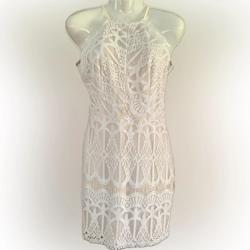Tobi lace overlay beige with white lace dress with fringed trim Women’s Medium M - Picture 2 of 8